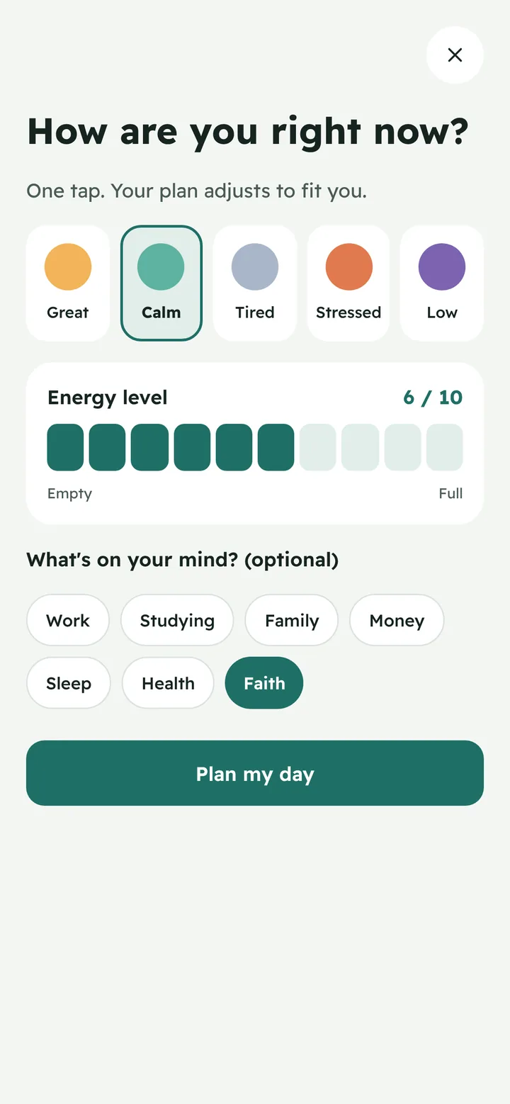 Mood check-in with five moods and an energy level.