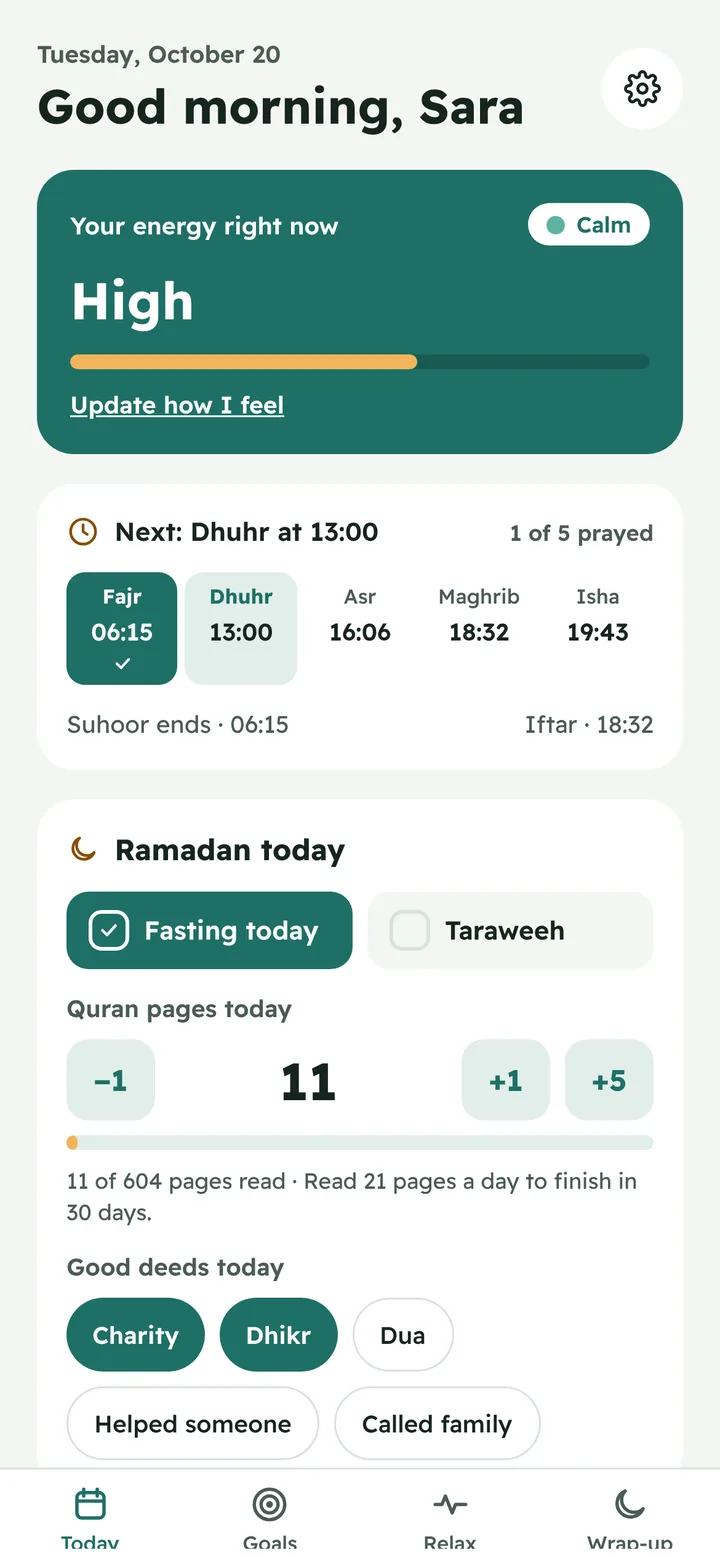 Ramadan card: fasting today, 11 Quran pages read, and good deeds.