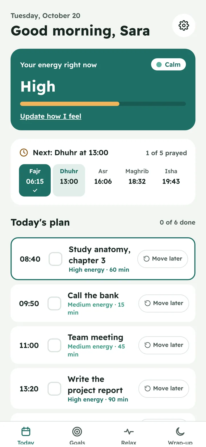 Youmek Today screen: energy is high, next prayer Dhuhr at 13:00, and a plan for the day.