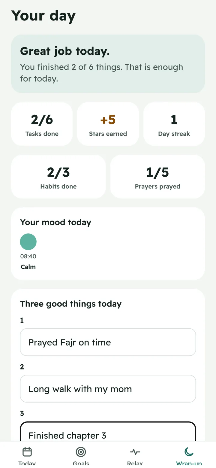 Evening wrap-up with tasks done, habits and three good things.
